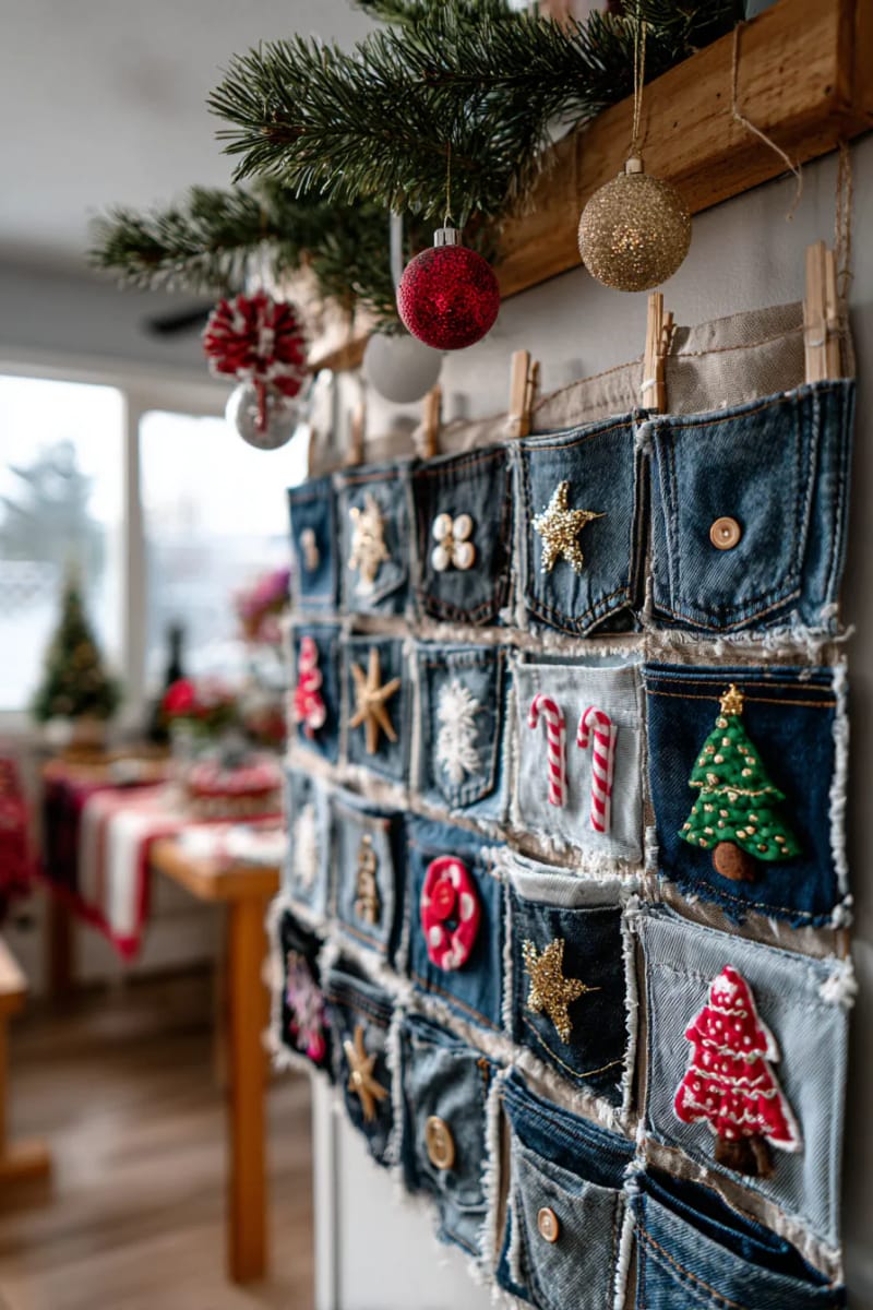 patchwork advent calendar with tiny jean squares and festive appliqués 1