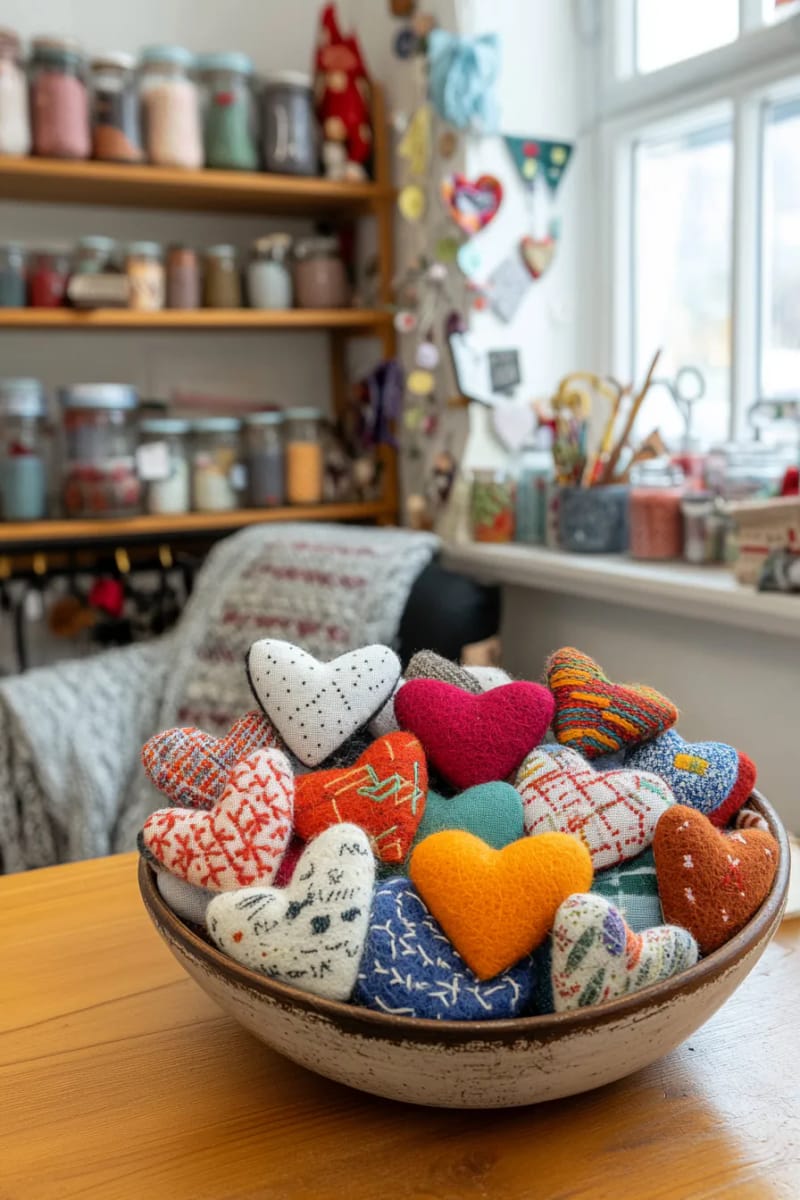 patchwork heart felt ornaments using leftover felt scraps 1