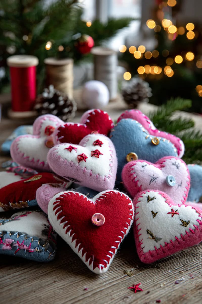patchwork heart felt ornaments using leftover felt scraps 1