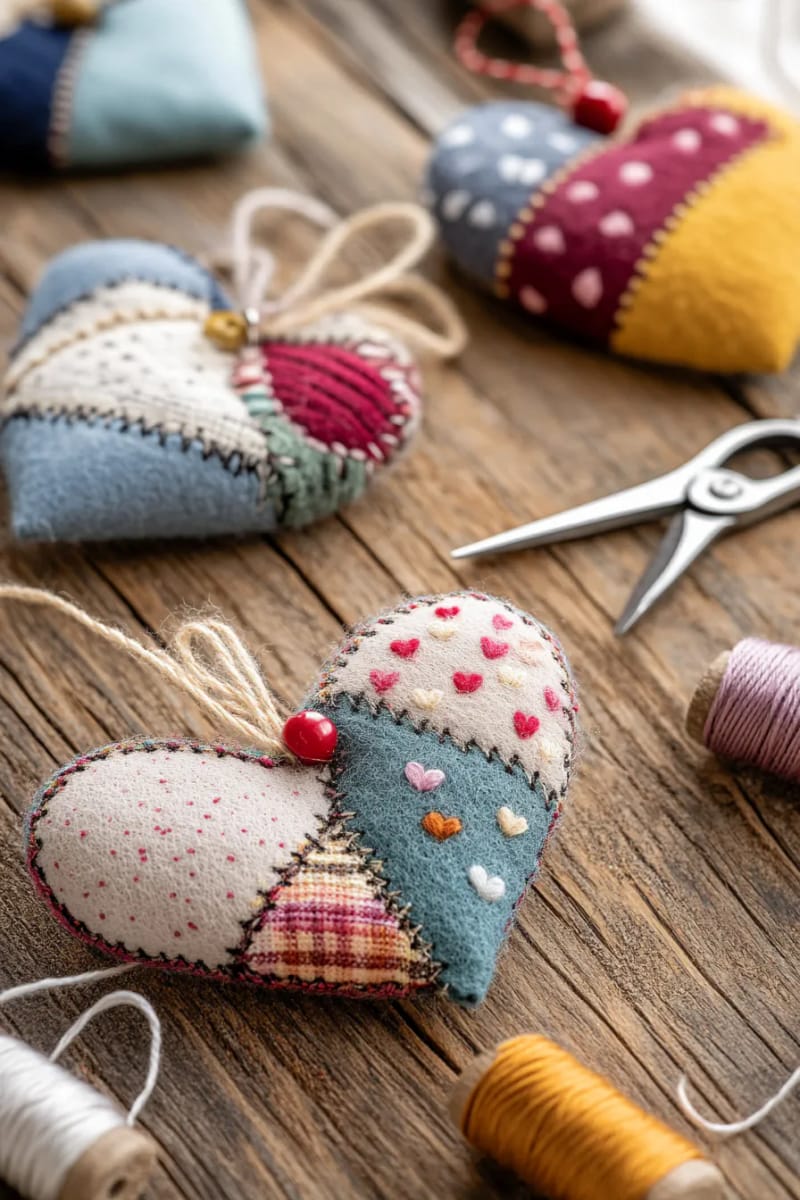 patchwork heart felt ornaments using leftover felt scraps 1