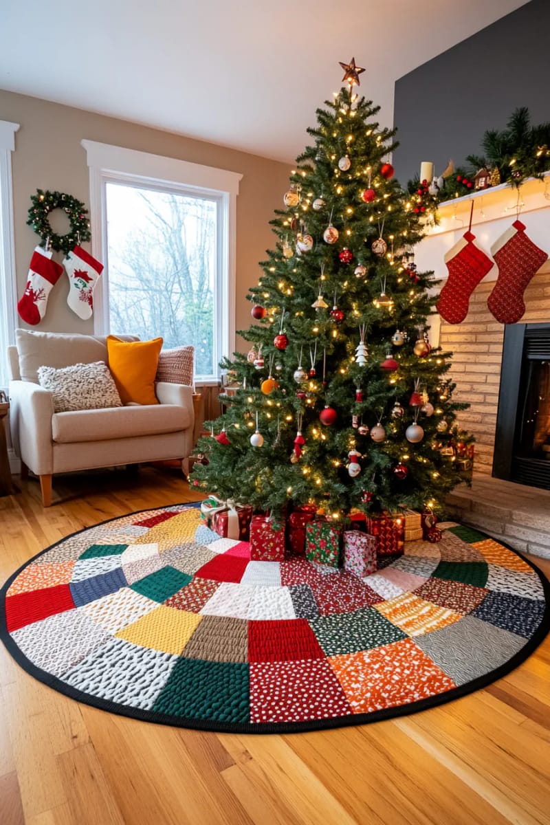 patchwork quilt tree skirt from upcycled fabric scraps 1