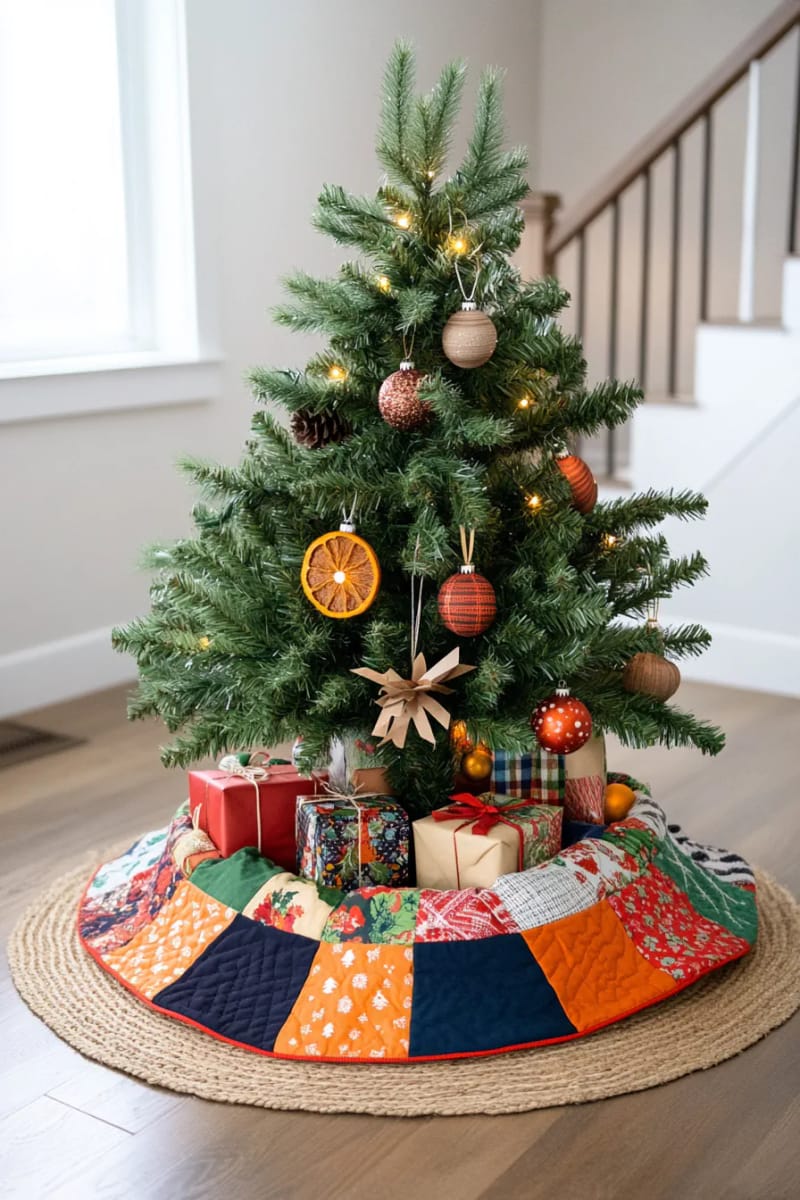 patchwork quilt tree skirt from upcycled fabric scraps 1