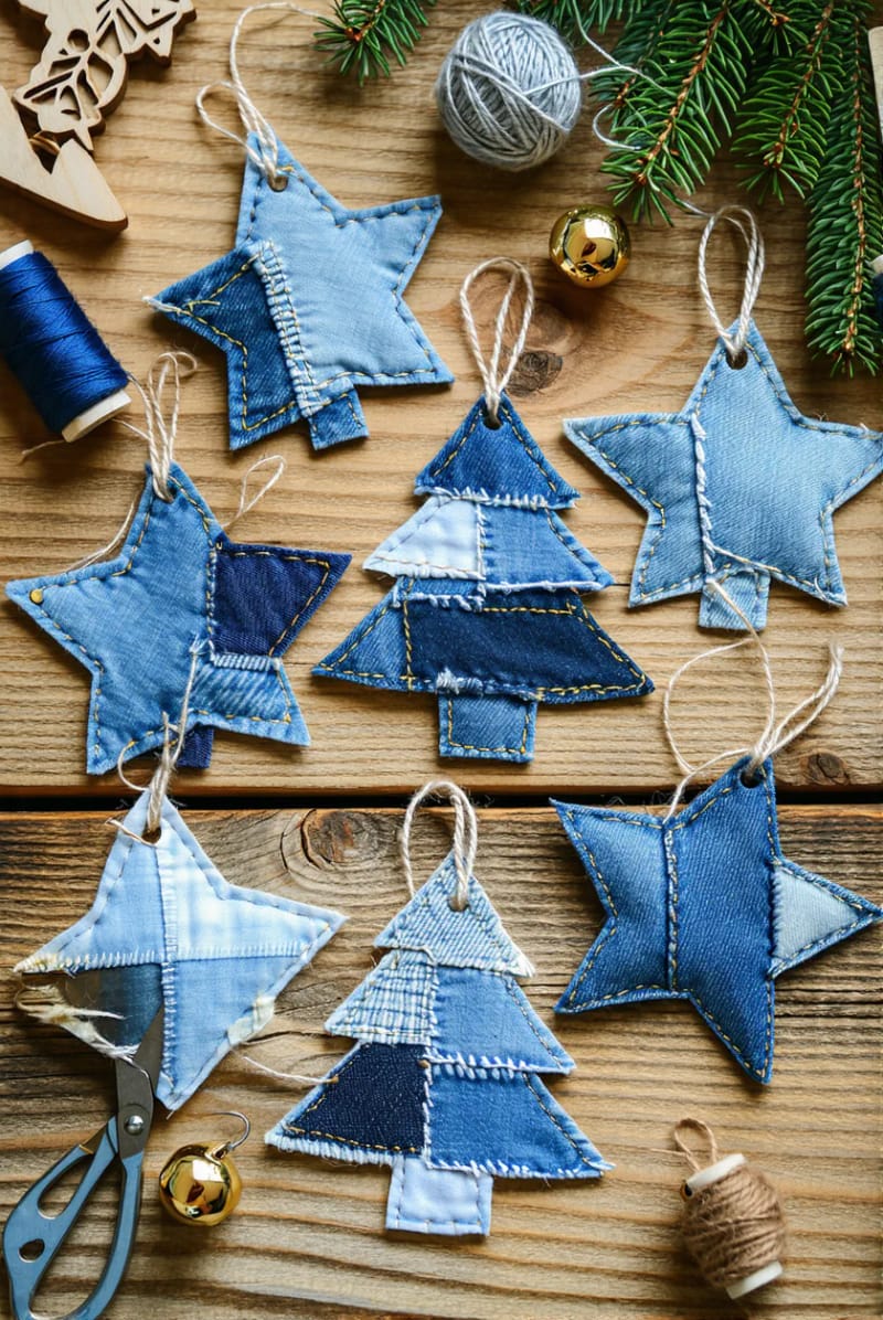 patchwork tree ornaments with contrasting denim shades and tiny bells 1