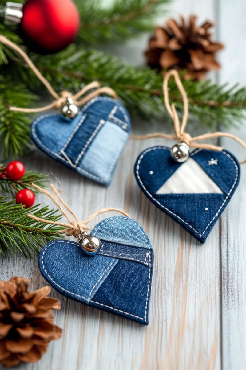 patchwork tree ornaments with contrasting denim shades and tiny bells 1