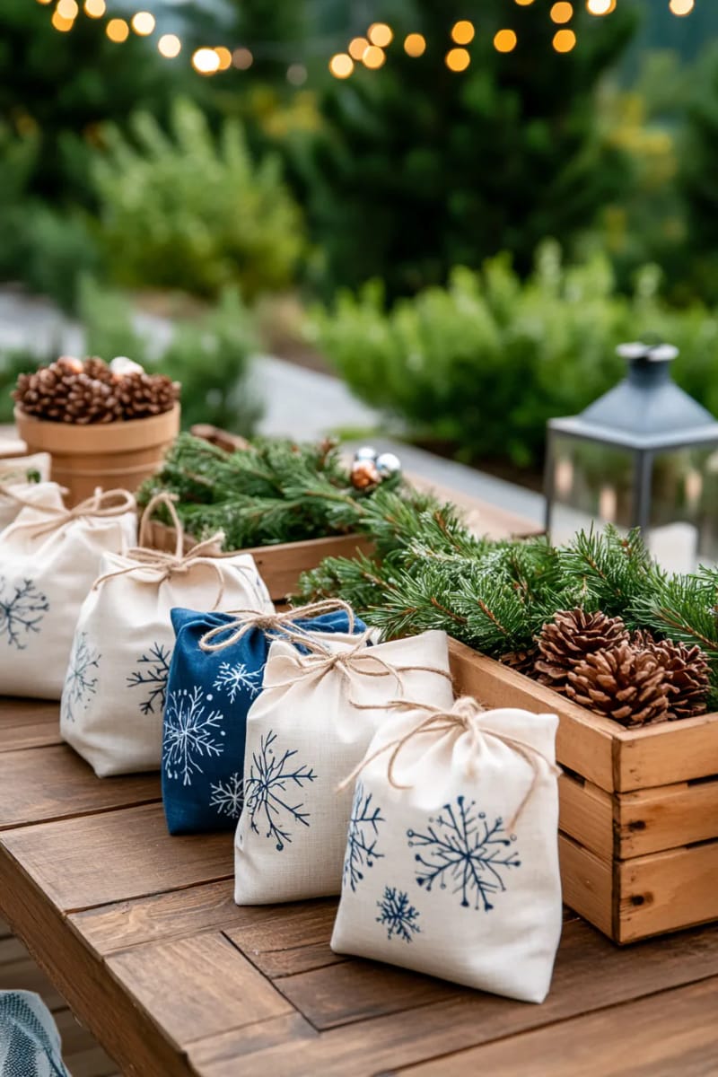 personalized fabric gift bags with block-printed snowflake motifs 1