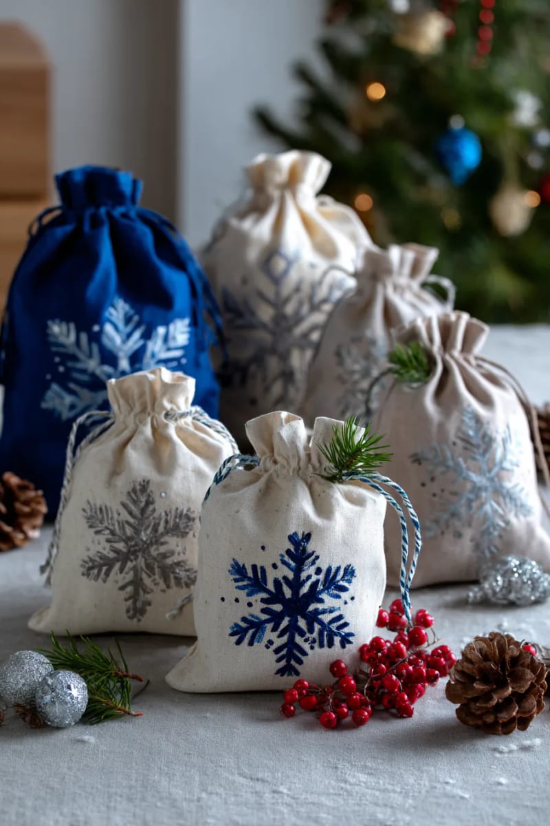 personalized fabric gift bags with block-printed snowflake motifs 1