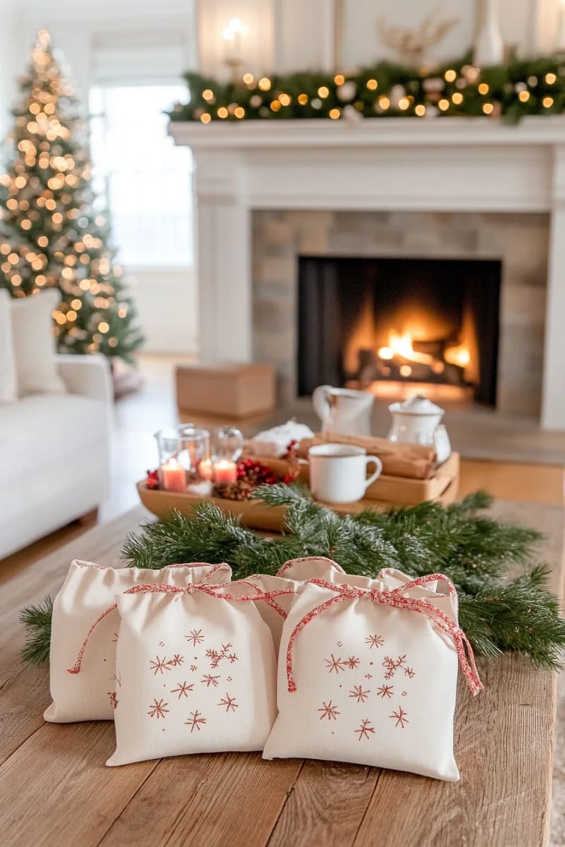 personalized fabric gift bags with block-printed snowflake motifs 1