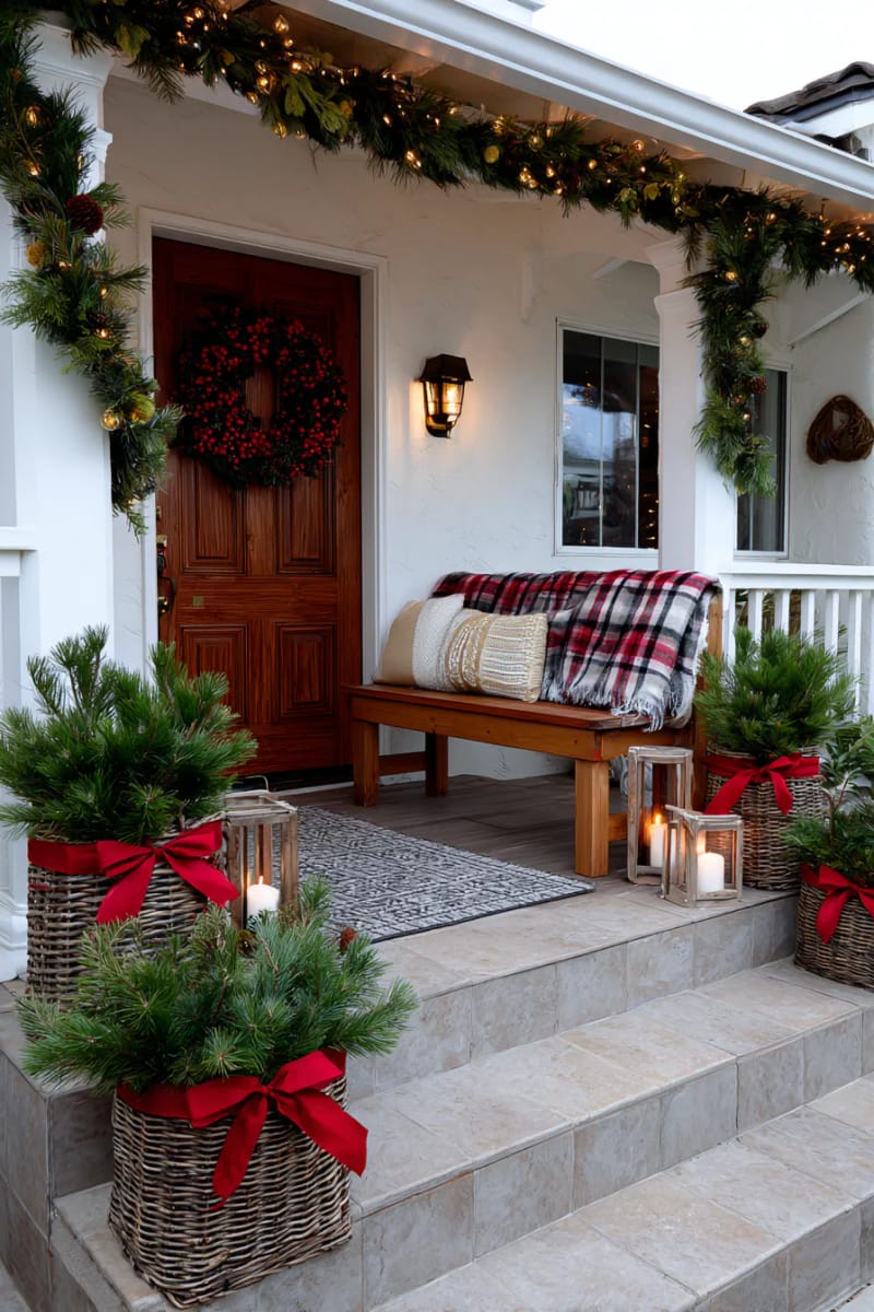 pine branches bundled in thrifted baskets with red ribbon accents 1