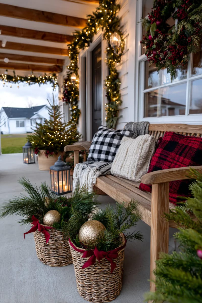 pine branches bundled in thrifted baskets with red ribbon accents 1