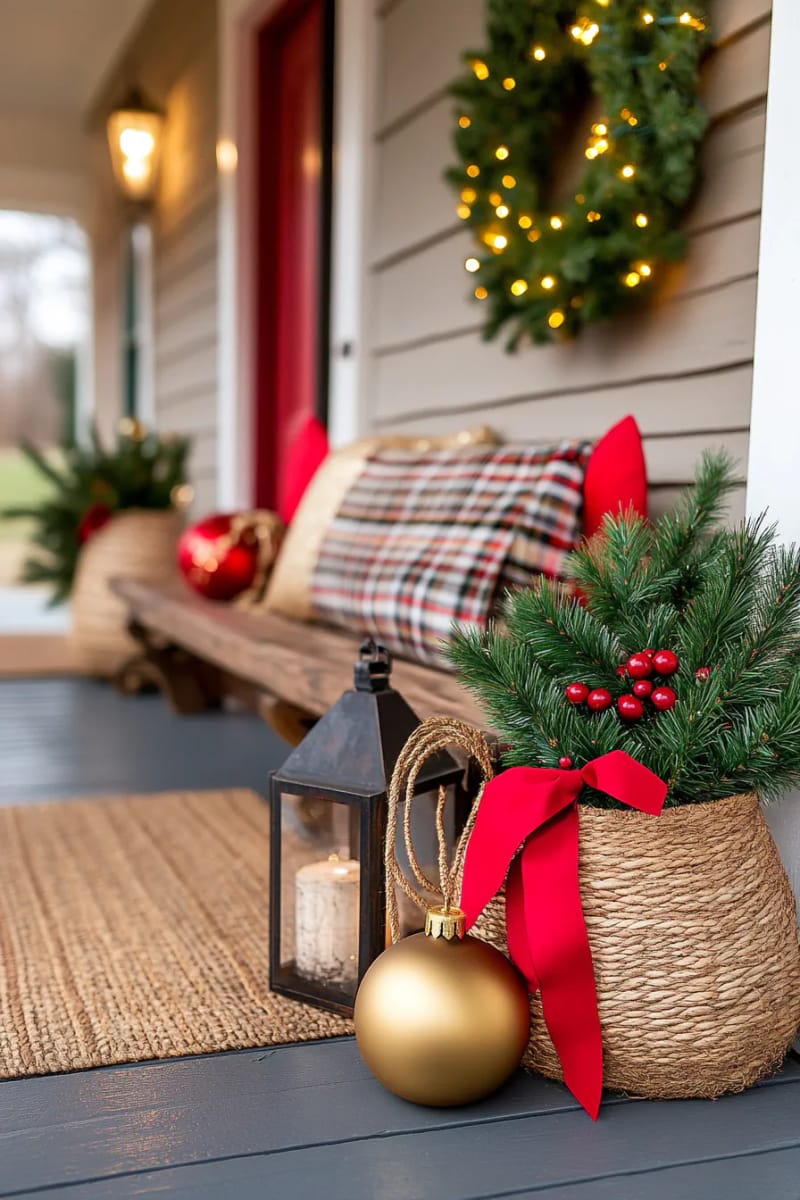 pine branches bundled in thrifted baskets with red ribbon accents 1