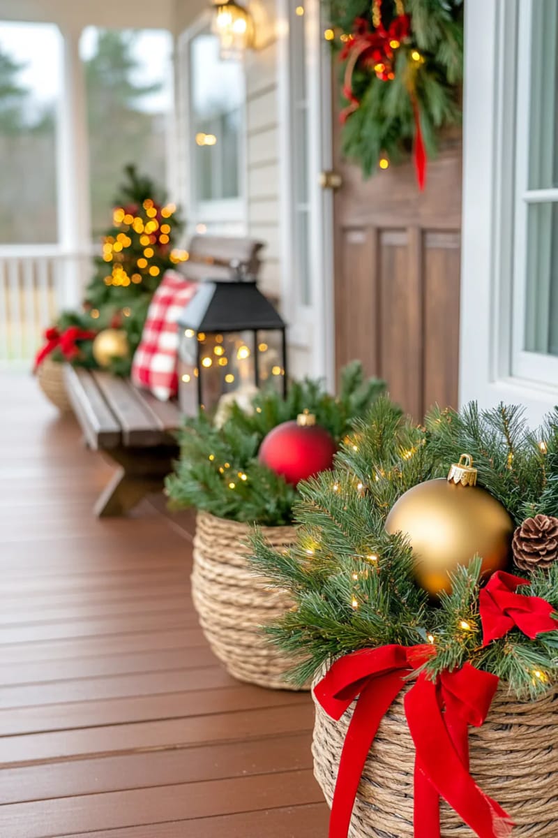 pine branches bundled in thrifted baskets with red ribbon accents 1