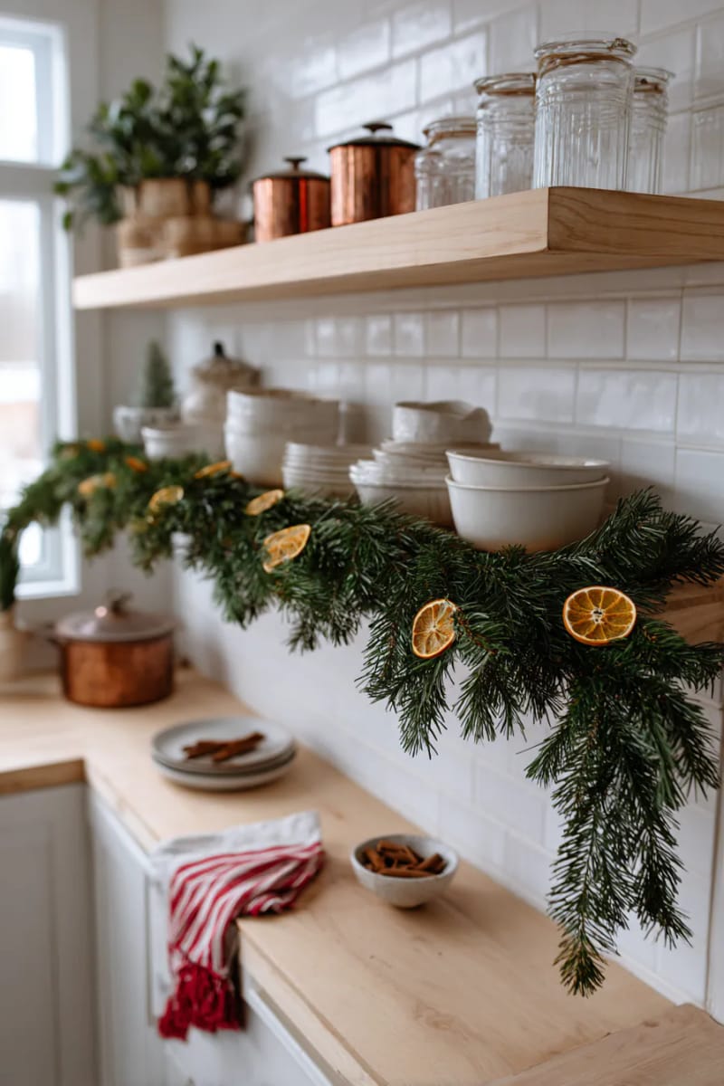 pine garland with dried orange slices draped across kitchen shelves 1