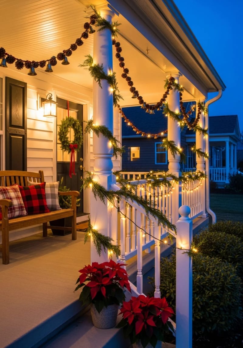 pinecone and bell garlands looped around porch columns 1