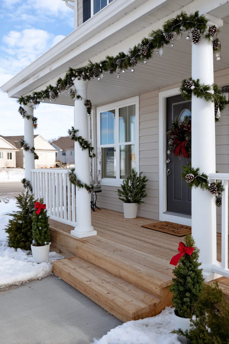 pinecone and bell garlands looped around porch columns 1