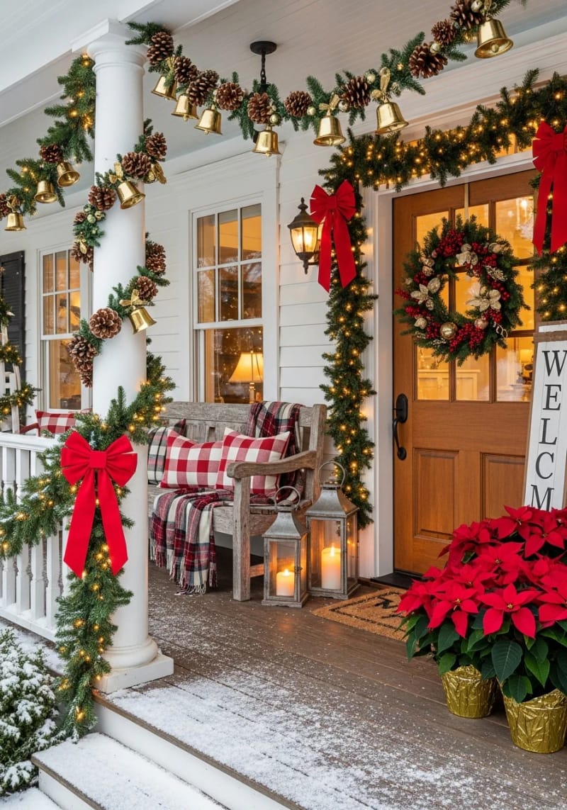 pinecone and bell garlands looped around porch columns 1