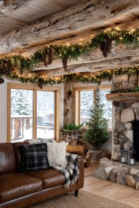 pinecone and burlap garland strung across rustic wooden beams 1