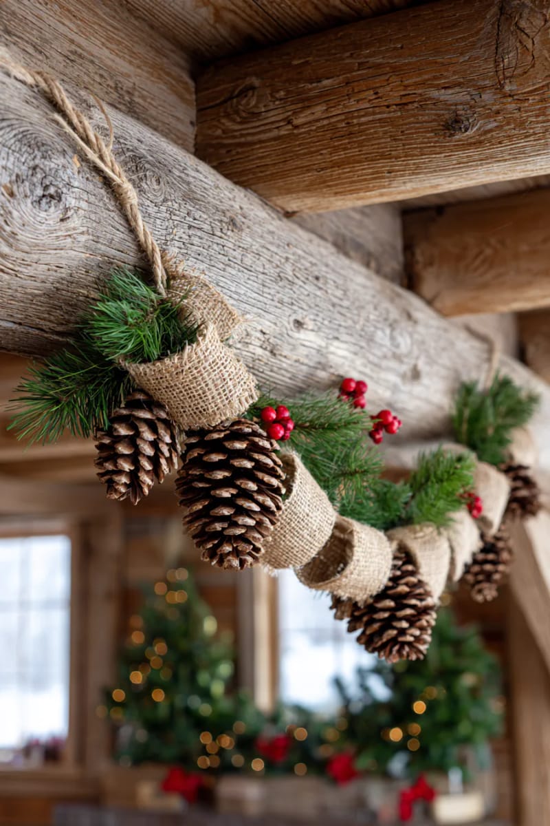 pinecone and burlap garland strung across rustic wooden beams 1