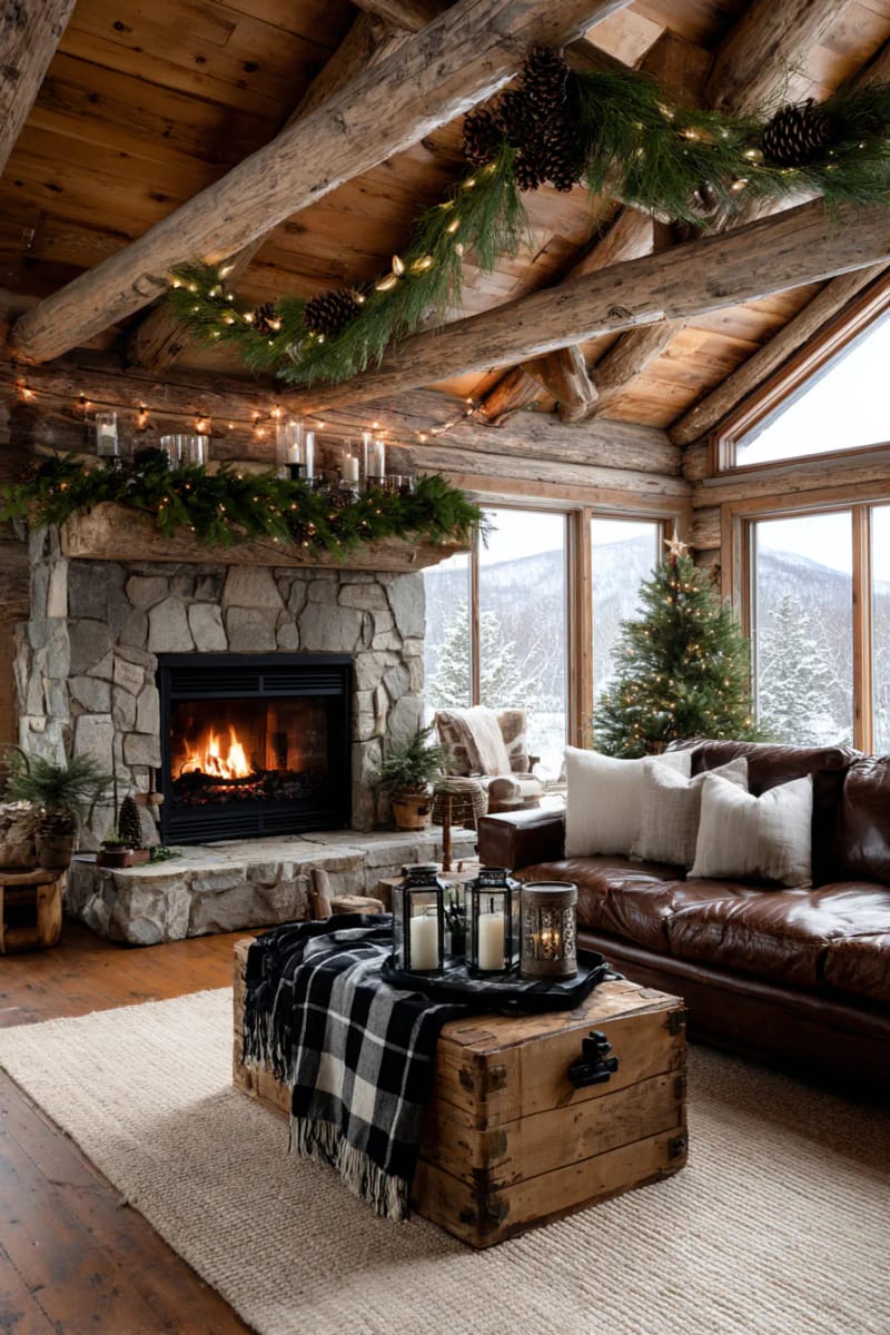 pinecone and burlap garland strung across rustic wooden beams 1