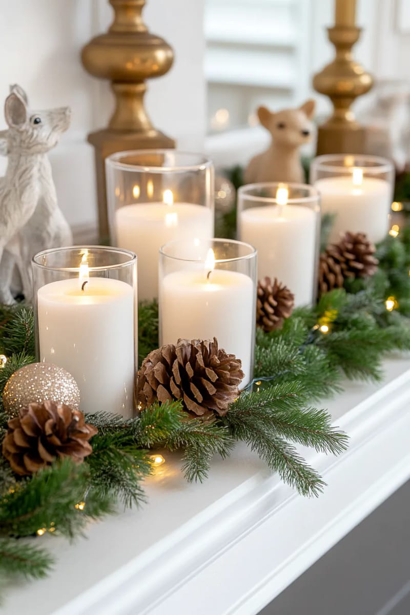 25 Green Christmas Fireplace Decor Ideas for a Fresh and Festive Mantel 33 pinecone and juniper garland with soft white string lights on the mantelpiece 1