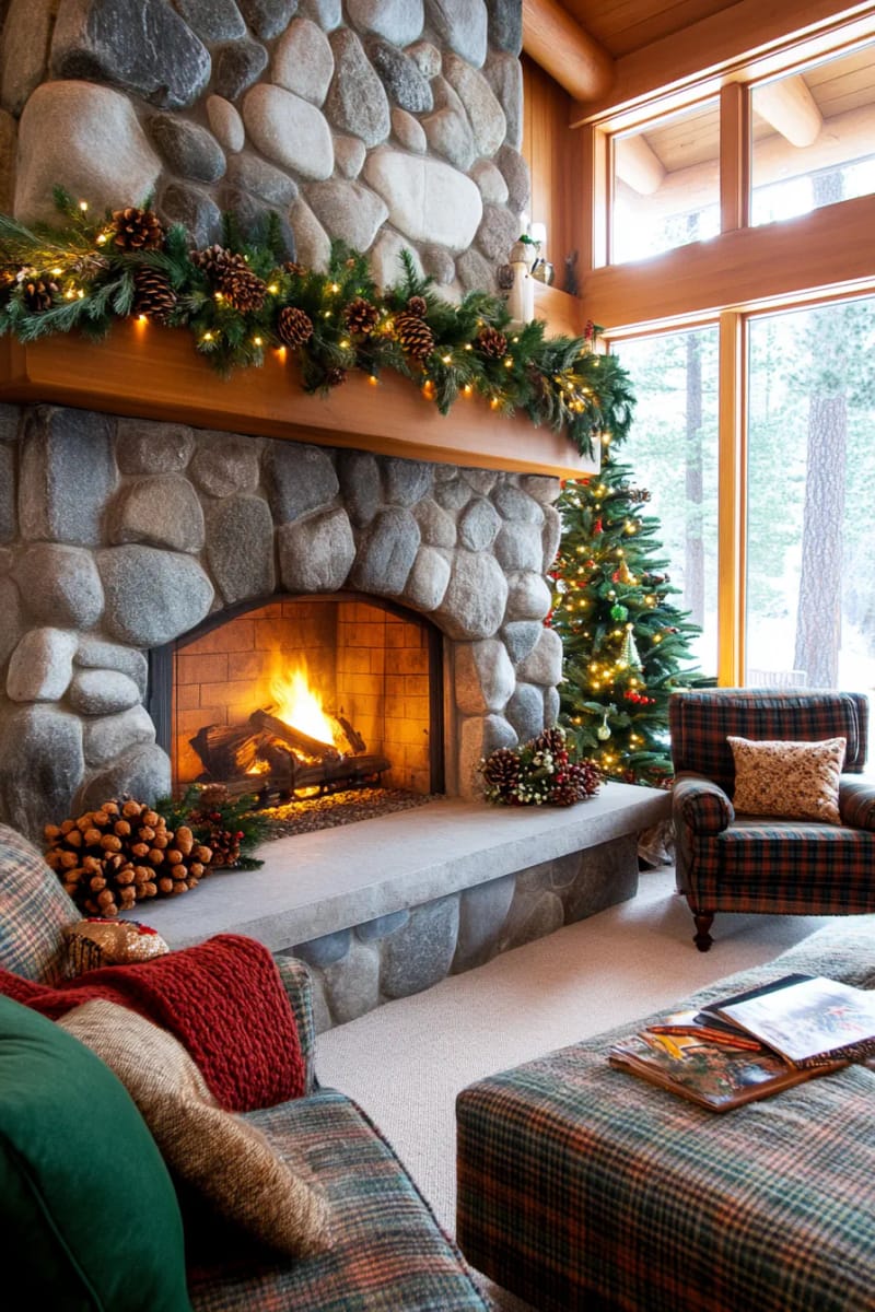 25 Green Christmas Fireplace Decor Ideas for a Fresh and Festive Mantel 34 pinecone and juniper garland with soft white string lights on the mantelpiece 1
