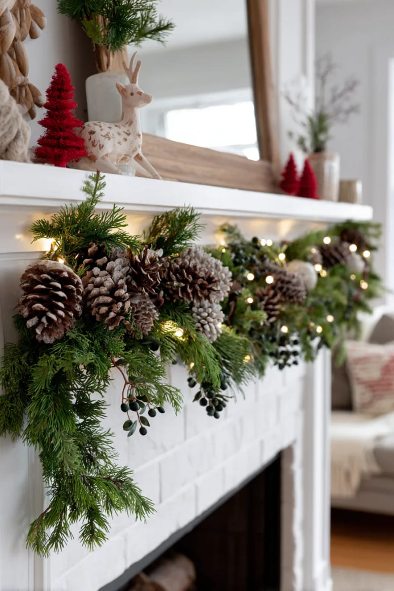 25 Green Christmas Fireplace Decor Ideas for a Fresh and Festive Mantel 35 pinecone and juniper garland with soft white string lights on the mantelpiece 1