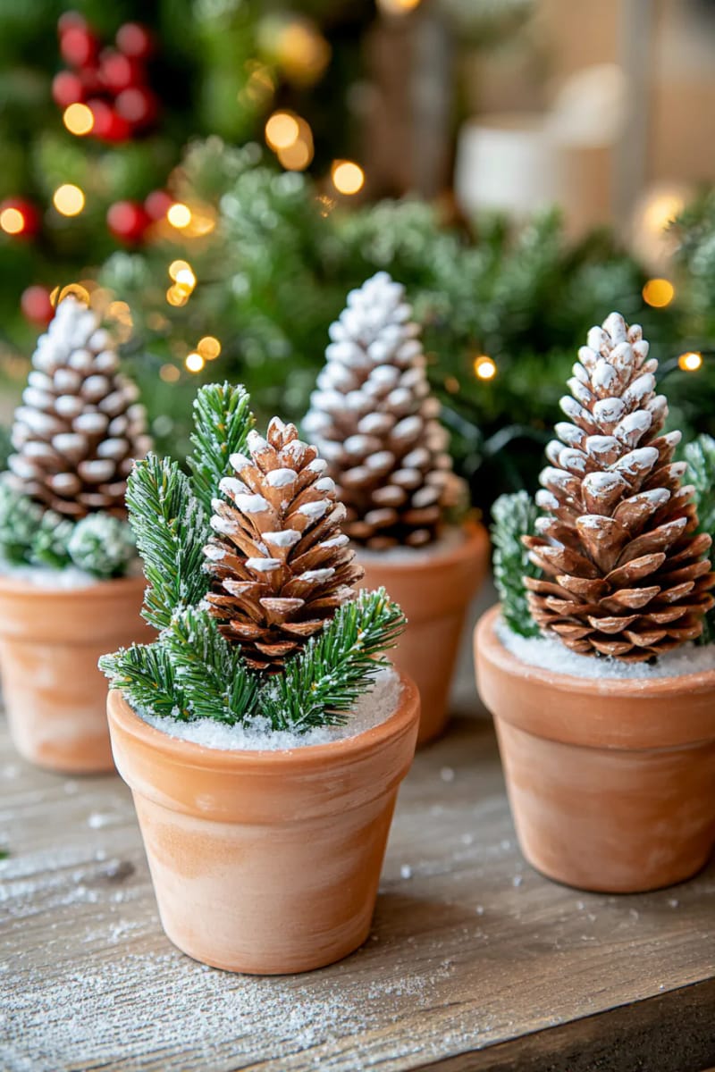 25 Pinecone Christmas Decorations You’ll Want to Keep Up All Winter 30 pinecone christmas tree forest in clay pots with painted snowy branches 1