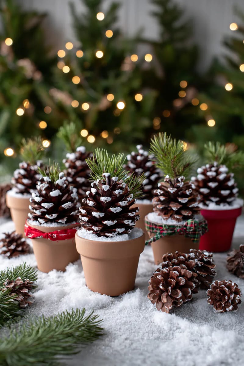 25 Pinecone Christmas Decorations You’ll Want to Keep Up All Winter 31 pinecone christmas tree forest in clay pots with painted snowy branches 1