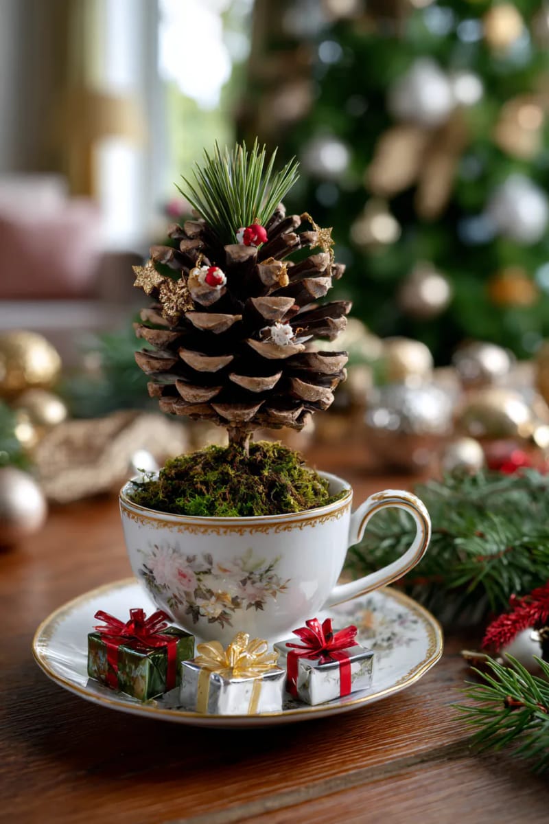 25 Pinecone Christmas Decorations You’ll Want to Keep Up All Winter 41 pinecone christmas tree in a teacup with moss and tiny presents 1