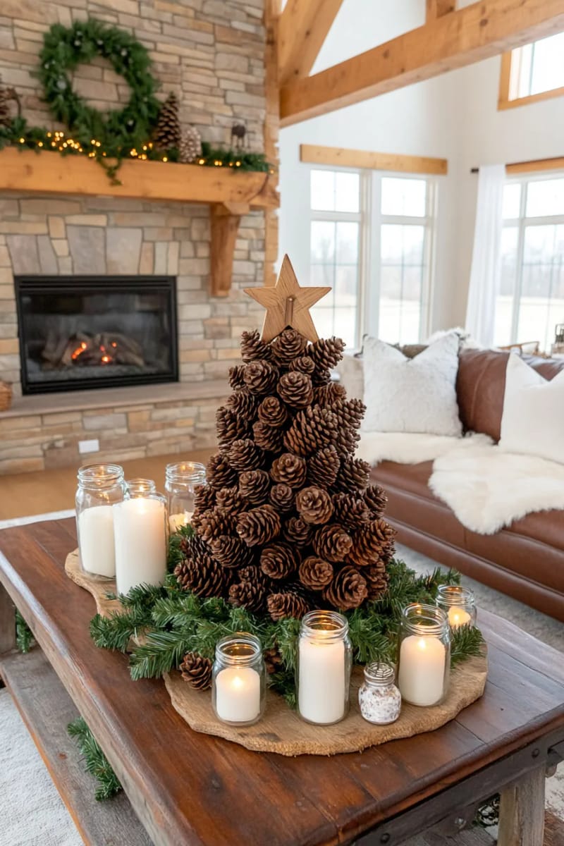 pinecone christmas tree topped with a wooden star 1