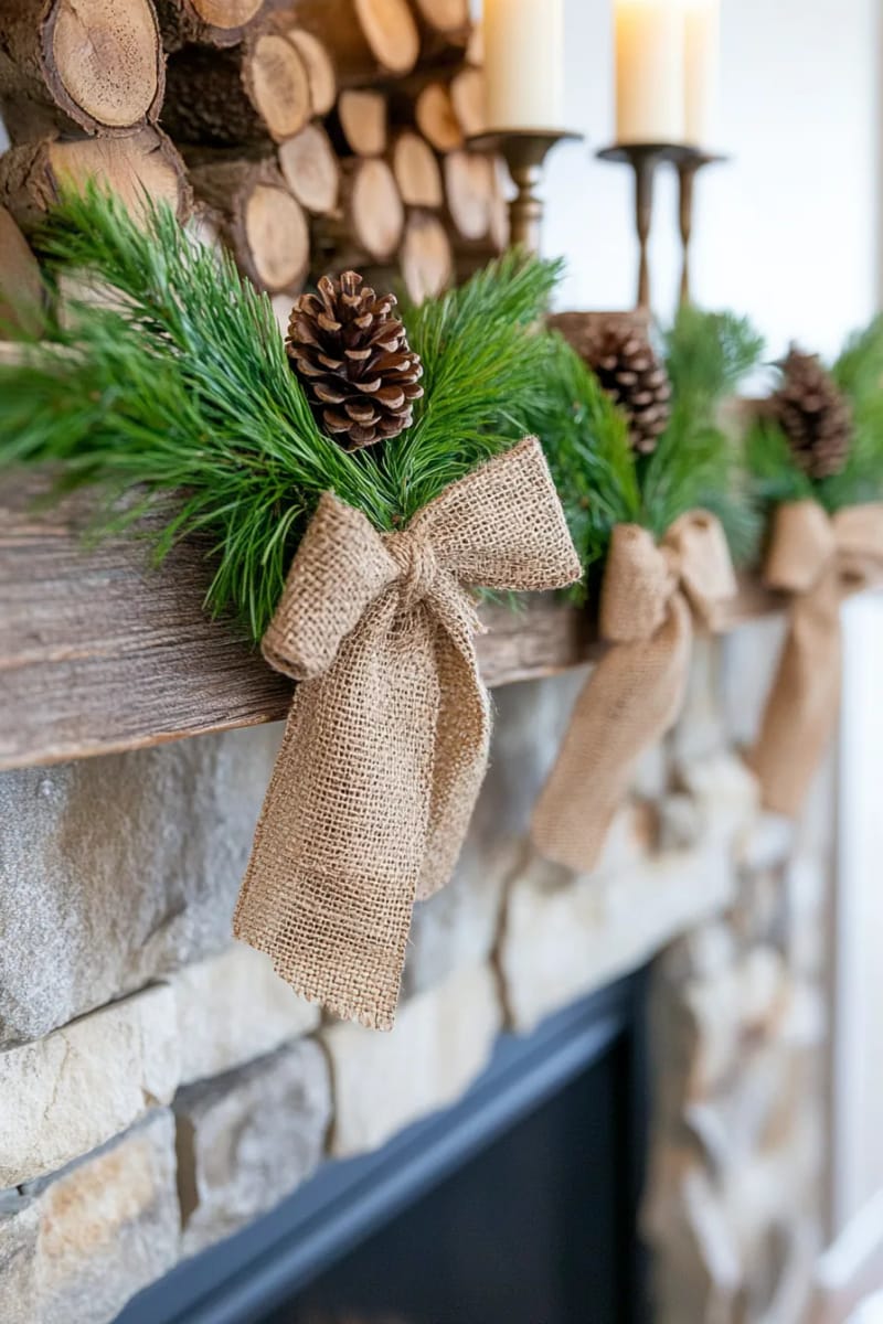 pinecone clusters tied with burlap bows hanging from rustic wooden mantels 1