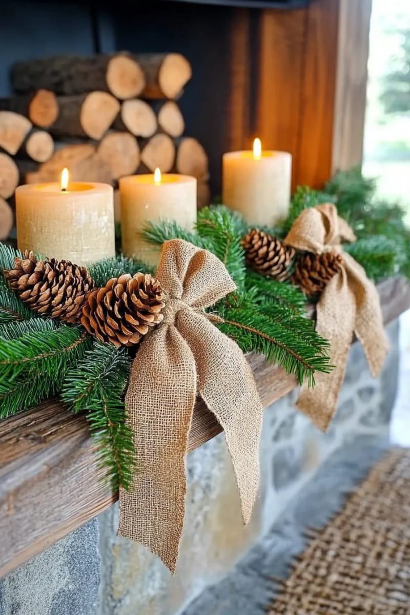 pinecone clusters tied with burlap bows hanging from rustic wooden mantels 1
