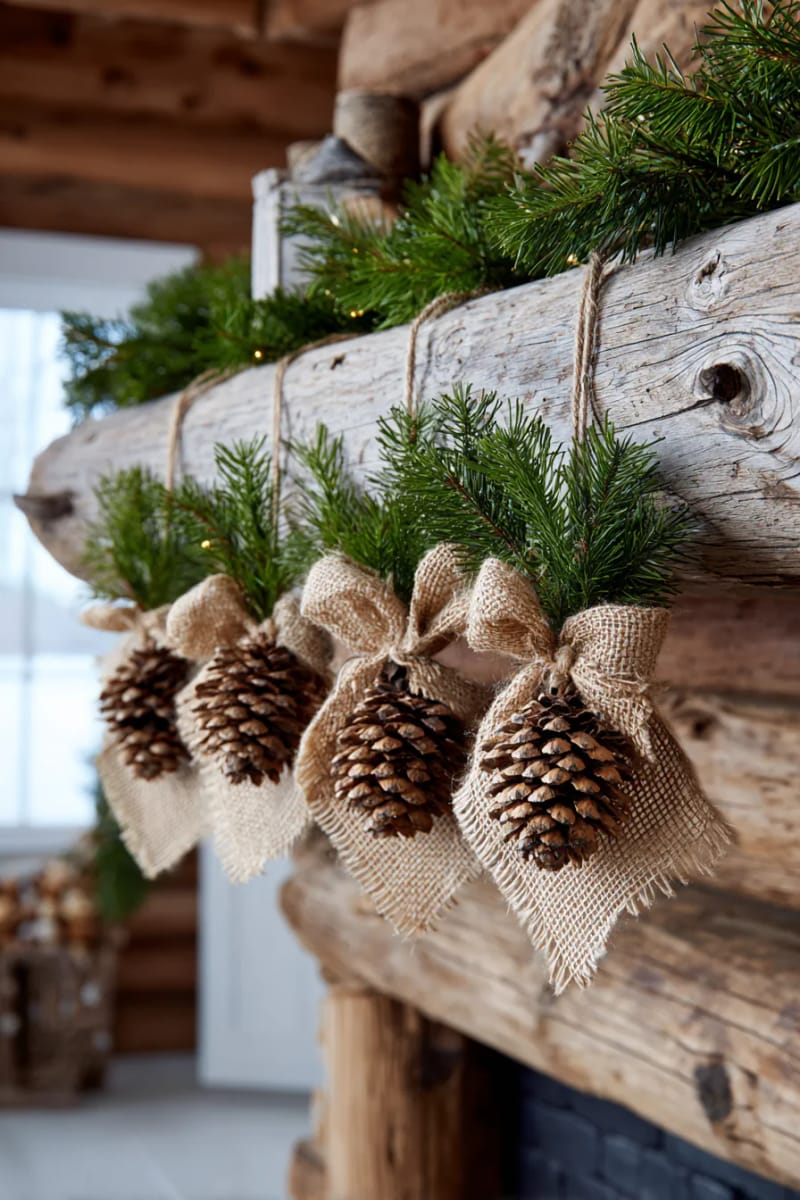 pinecone clusters tied with burlap bows hanging from rustic wooden mantels 1