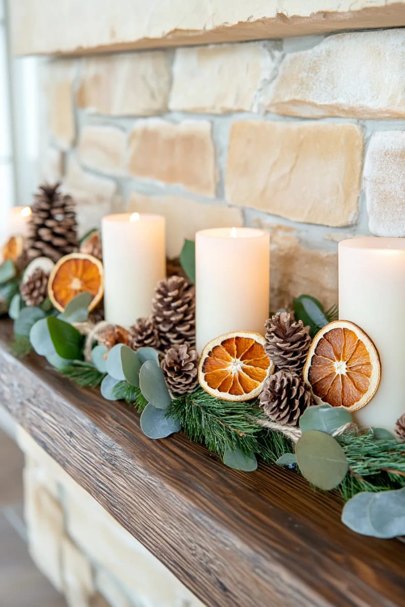 27 Rustic Christmas Decoration Ideas For Your Farmhouse 3 pinecone garlands intertwined with twine and dried orange slices 1