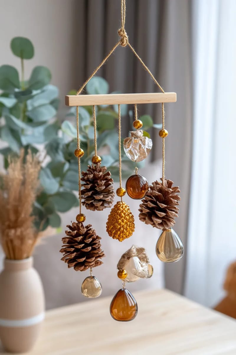 25 Pinecone Christmas Decorations You’ll Want to Keep Up All Winter 42 pinecone hanging mobile with beads and gold thread 1