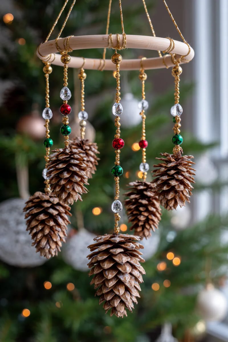25 Pinecone Christmas Decorations You’ll Want to Keep Up All Winter 43 pinecone hanging mobile with beads and gold thread 1