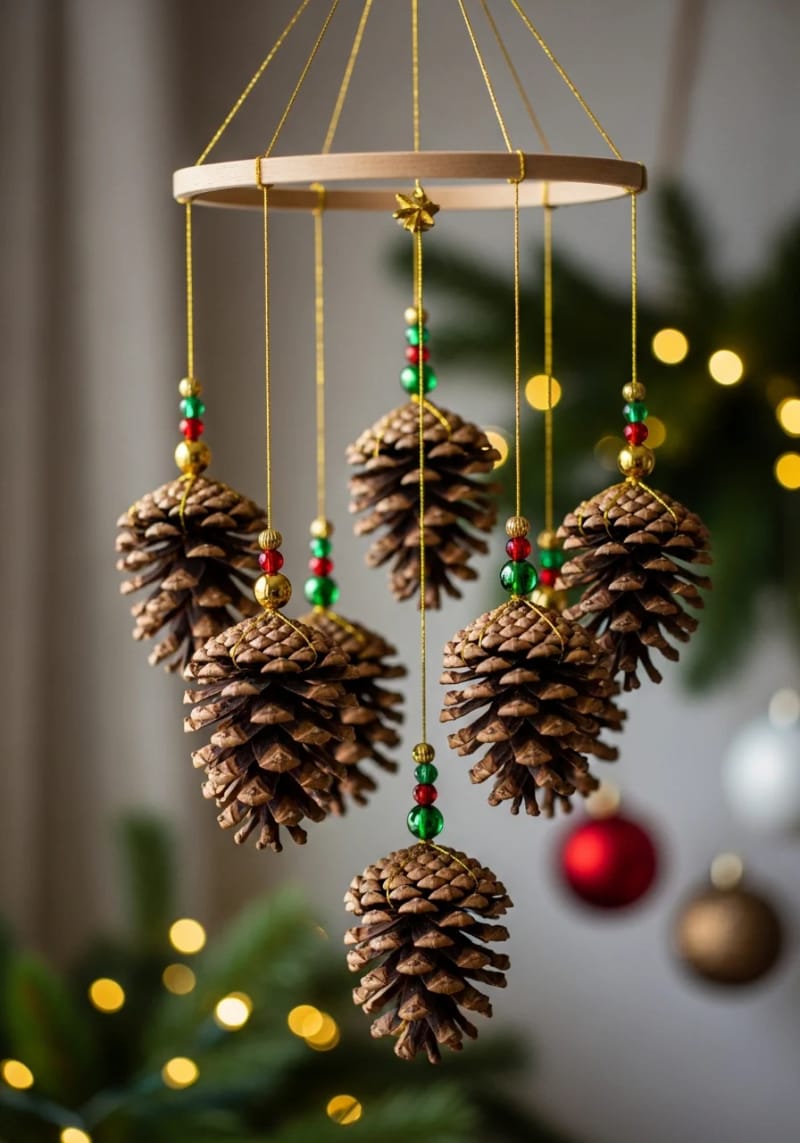 25 Pinecone Christmas Decorations You’ll Want to Keep Up All Winter 44 pinecone hanging mobile with beads and gold thread 1