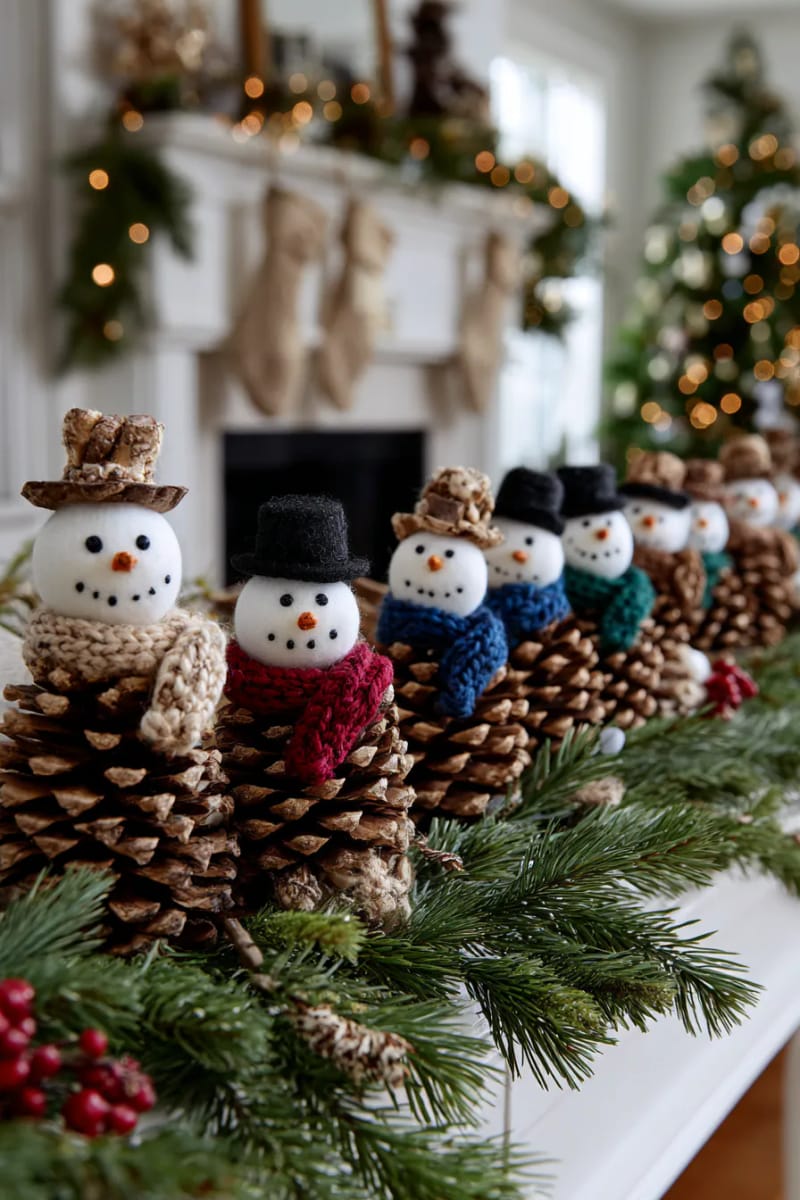 25 Pinecone Christmas Decorations You’ll Want to Keep Up All Winter 21 pinecone snowmen with tiny scarves and top hats for mantelpiece charm 1
