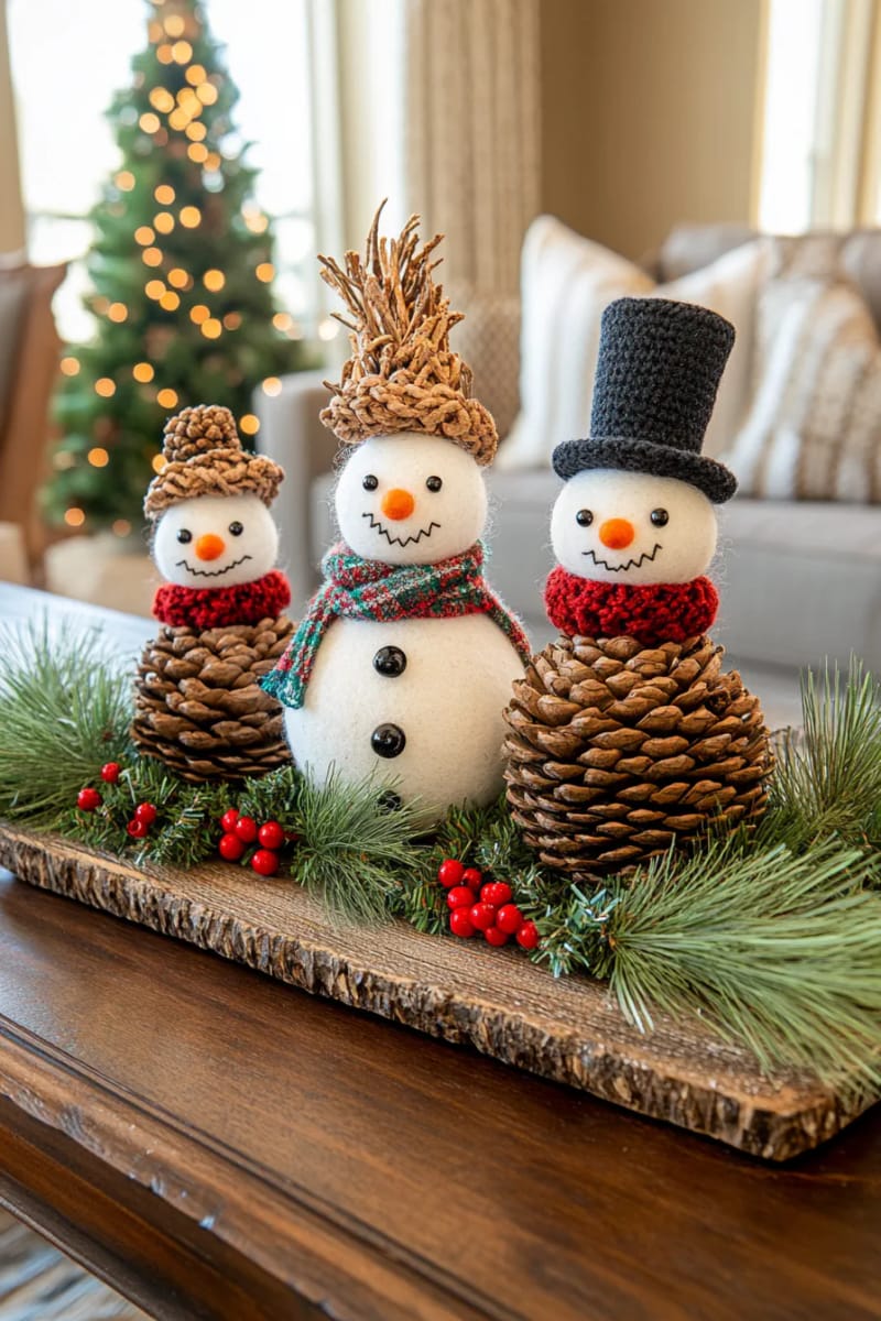 25 Pinecone Christmas Decorations You’ll Want to Keep Up All Winter 22 pinecone snowmen with tiny scarves and top hats for mantelpiece charm 1