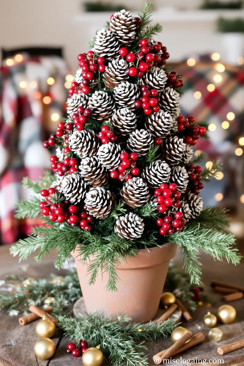 25 Pinecone Christmas Decorations You’ll Want to Keep Up All Winter 45 pinecone topiary tree covered in glitter and red berries 1