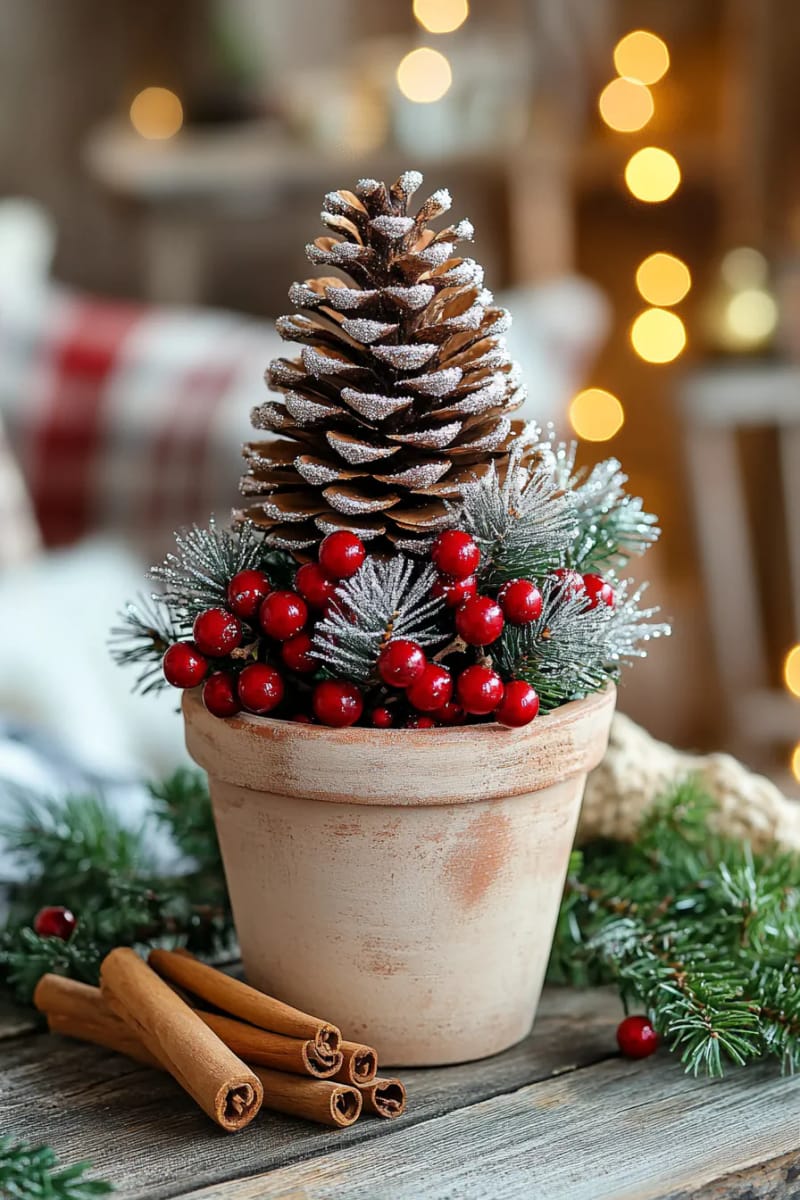 25 Pinecone Christmas Decorations You’ll Want to Keep Up All Winter 46 pinecone topiary tree covered in glitter and red berries 1