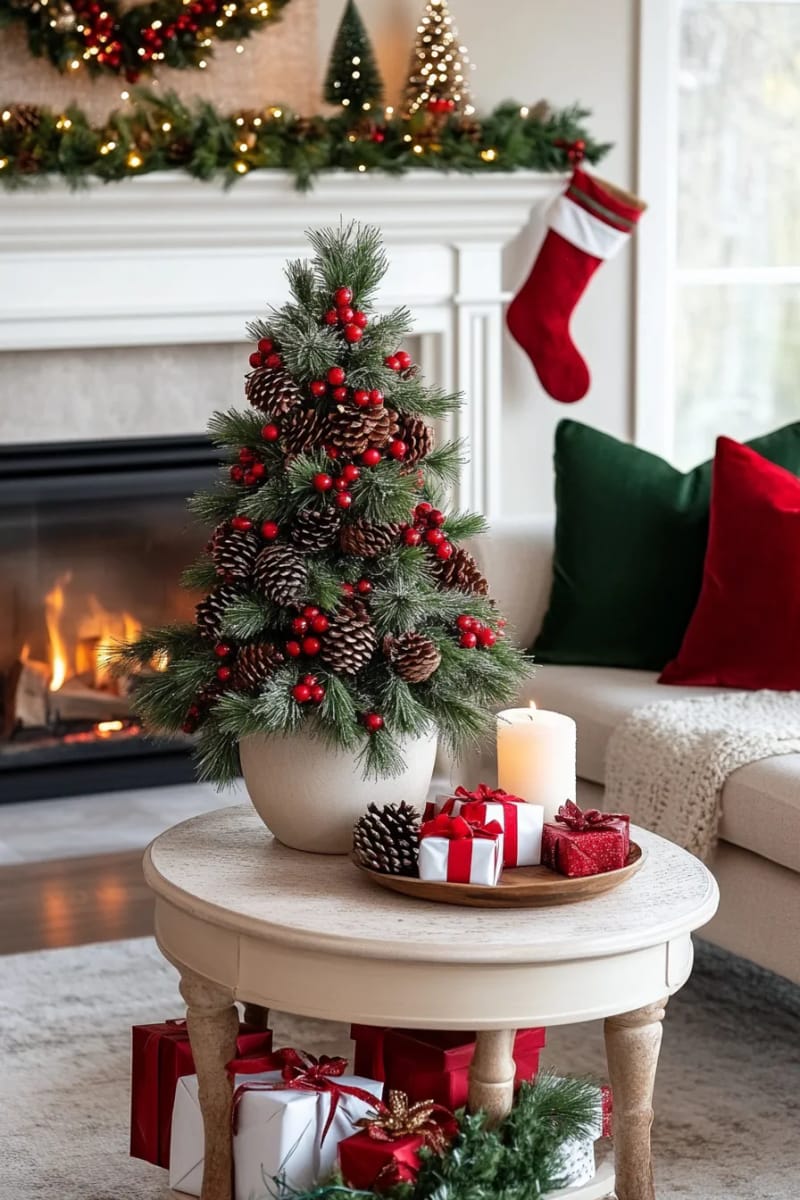 25 Pinecone Christmas Decorations You’ll Want to Keep Up All Winter 47 pinecone topiary tree covered in glitter and red berries 1