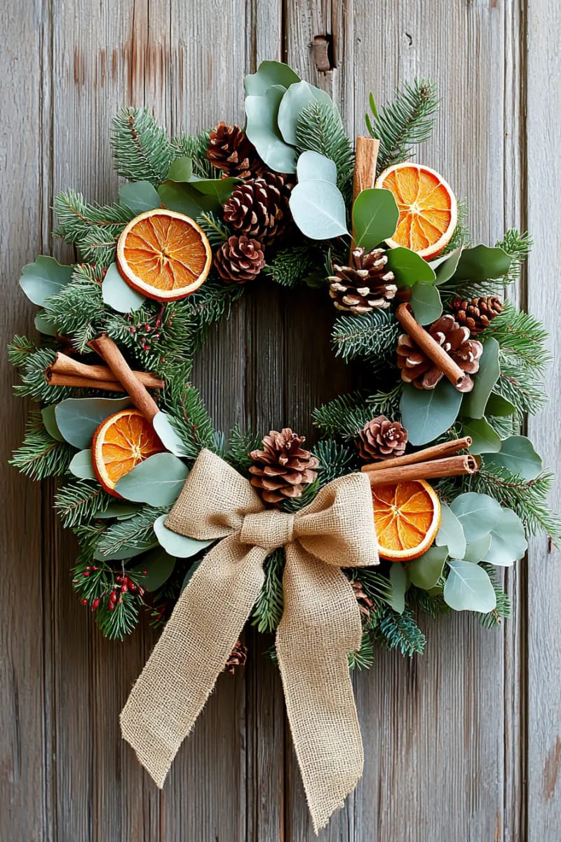25 Pinecone Christmas Decorations You’ll Want to Keep Up All Winter 11 pinecone wreath with mixed greenery, cinnamon sticks, and dried orange slices 1