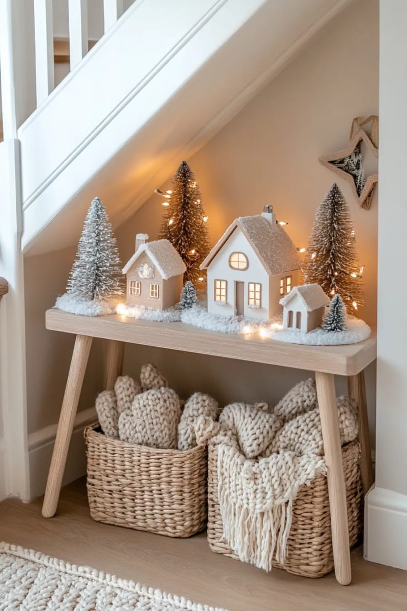 place a neutral christmas village scene beneath the staircase 1