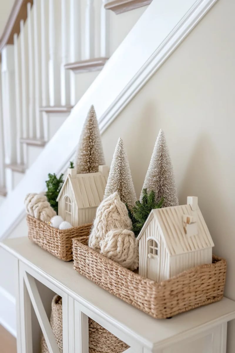 place a neutral christmas village scene beneath the staircase 1
