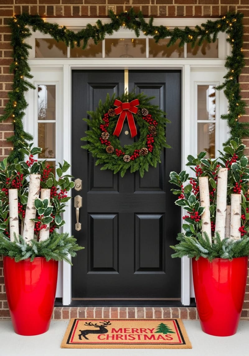 15 Christmas Decor Ideas for a Front Porch DIY That’s Simple but Stunning 15 place bright red planters filled with birch logs and faux holly branches by the entrance. 1