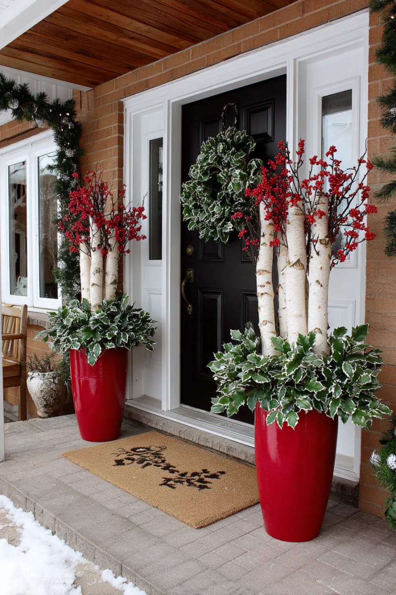 15 Christmas Decor Ideas for a Front Porch DIY That’s Simple but Stunning 16 place bright red planters filled with birch logs and faux holly branches by the entrance. 1