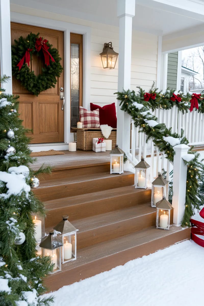 15 Christmas Decor Ideas for a Front Porch DIY That’s Simple but Stunning 26 place candle-lit lanterns along snowy front steps for a magical, welcoming pathway. 1