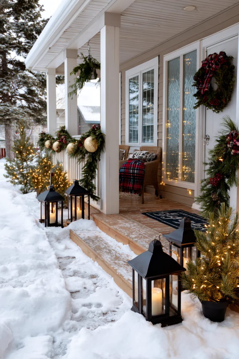 15 Christmas Decor Ideas for a Front Porch DIY That’s Simple but Stunning 27 place candle-lit lanterns along snowy front steps for a magical, welcoming pathway. 1