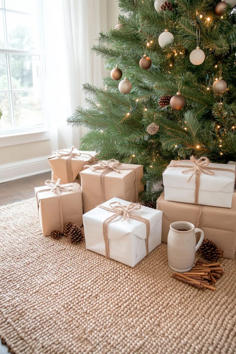place neutral-wrapped gifts with twine bows beneath the tree 1