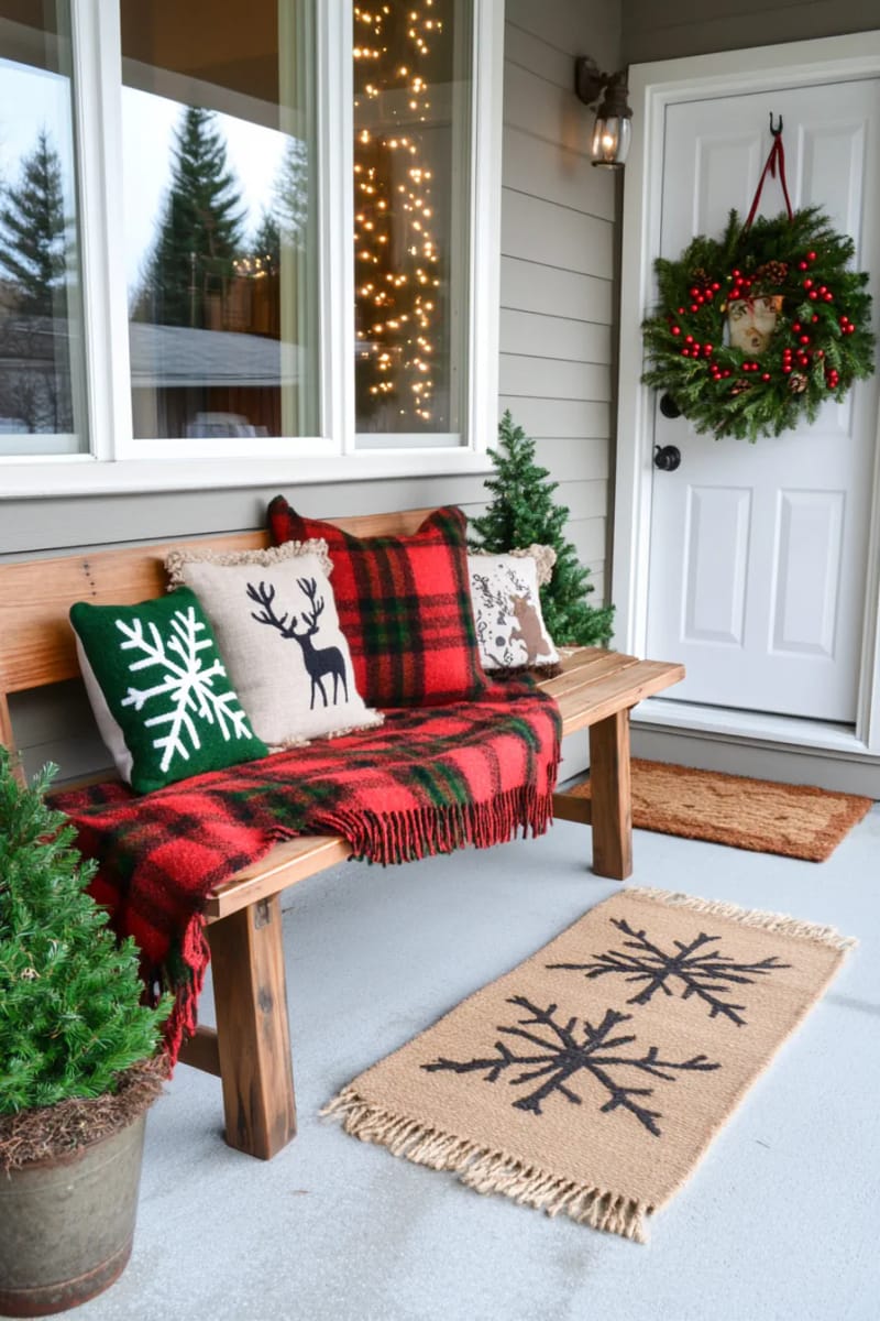 plaid blanket draped over porch bench with festive throw pillows 1